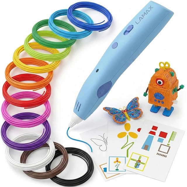 Blauer kabelloser 3D-Stift Lamax ArtKid1 mit Rollen aus buntem Filament
