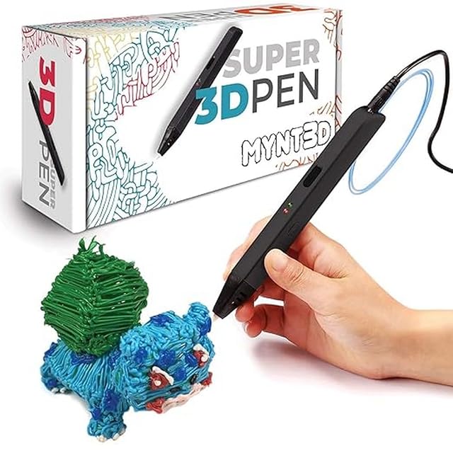 MYNT3D Super 3D Pen, schlanker schwarzer Stift in der Hand neben seinem Karton