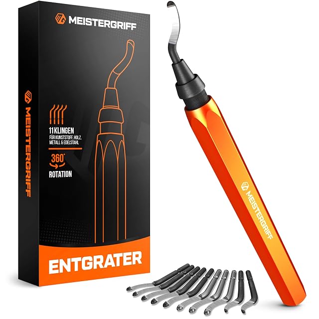 Orangefarbener MEISTERGRIFF-Entgrater mit eingesetzter Klinge, zehn Ersatzklingen und seiner schwarzen Box mit dem Aufdruck Entgrater