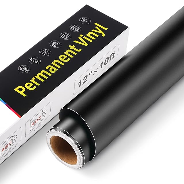 Mattschwarze Folienrolle neben einer Box mit dem Aufdruck Permanent Vinyl, 12 in × 10 ft