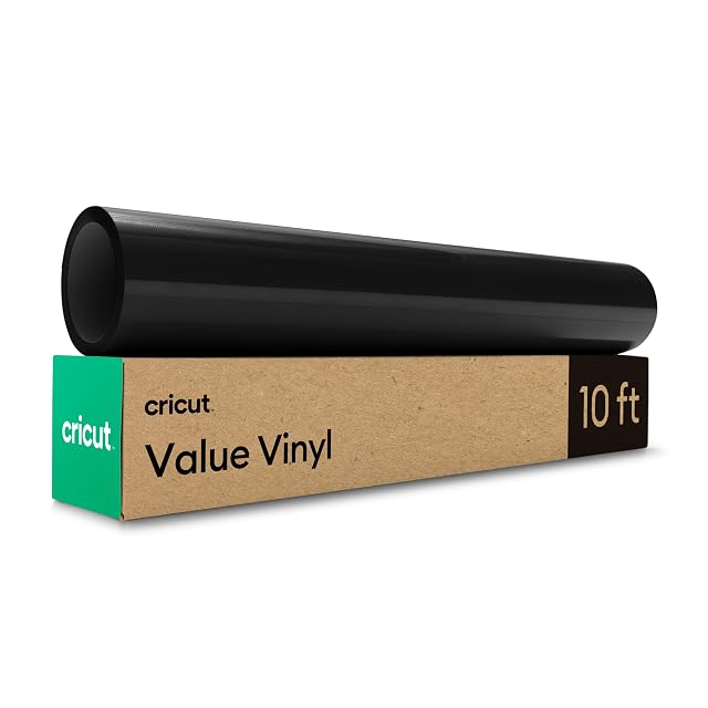 Schwarze Rolle auf einer Cricut-Kraftpapierbox mit der Aufschrift Value Vinyl, 10 ft