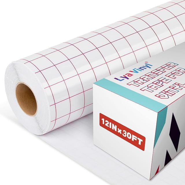 Weiße Transferfolienrolle mit rotem Rasteraufdruck neben einer Lya-Vinyl-Box mit der Aufschrift 12 in × 30 ft