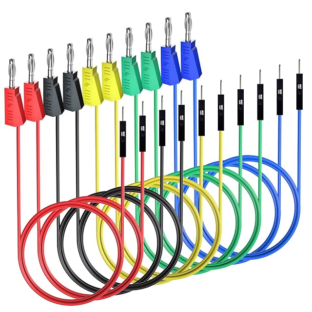 Zehn Silikonleitungen in roten, schwarzen, gelben, grünen und blauen Paaren, stapelbare Bananenstecker an einem Ende und Stifte am anderen