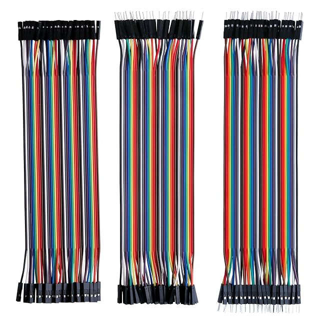 Drei gleich lange regenbogenfarbene Jumperbänder: Buchse auf Buchse, Buchse auf Stift und Stift auf Stift