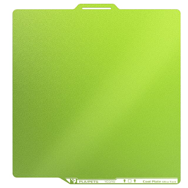 Grüne YOOPAI-Platte mit Aufdruck PLA/PETG und Cool Plate Ultra Tack an der Vorderkante