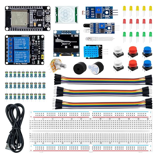 Teile des LAFVIN ESP32 Basic Starter Kit mit Platine, Steckbrett und Modulen