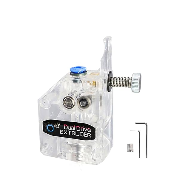 Transparenter Extruder mit Aufschrift Dual Drive Extruder, zwei Zahnräder innen sichtbar, mit Spannschraube, Feder und zwei Innensechskantschlüsseln
