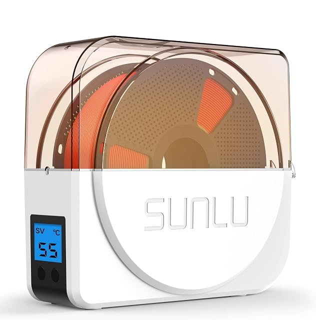 Filamenttrocknerbox SUNLU S1 Plus mit Spule darin und kleinem LCD-Bildschirm