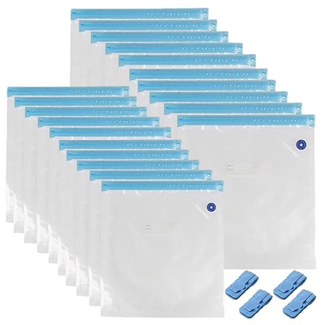 Zwanzig transparente Beutel mit blauen Zippern, zwei Stapel zu je zehn, jeder vordere Beutel mit rundem Ventil, und vier blaue Clips