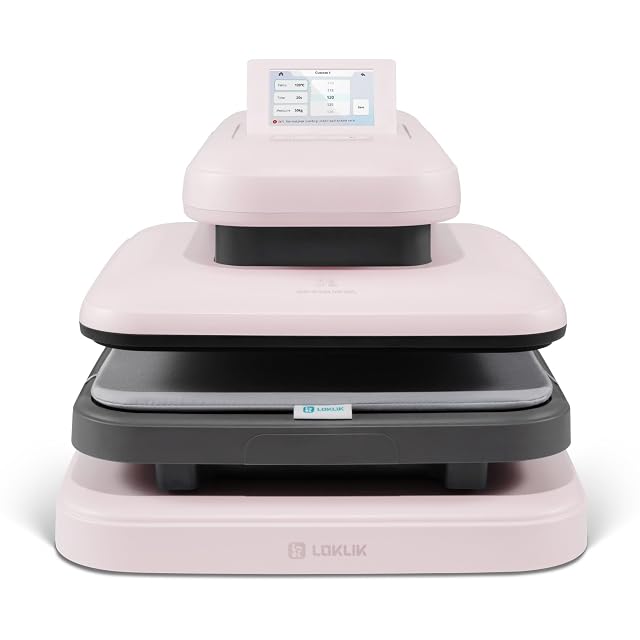 Rosafarbene LOKLiK ImPress Auto Heat Press 2 mit Touchscreen auf der Oberplatte