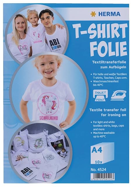 HERMA-Packung T-Shirt Folie, A4 10 Blatt, Nr. 4524, mit Hinweis Tintenstrahldruck und maschinenwaschbar bis 40 °C
