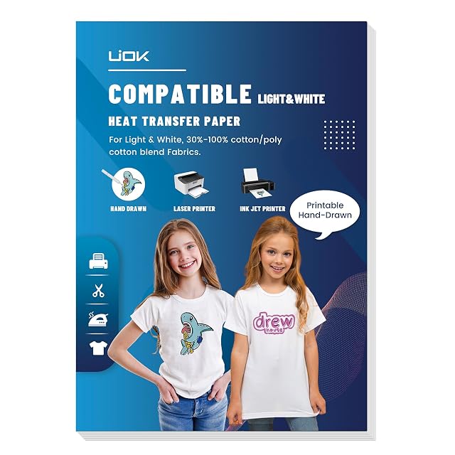 UIOK-Transferpapierpackung für helle und weiße Stoffe mit 30–100 % Baumwolle, mit Symbolen für Handzeichnung, Laser und Tintenstrahl