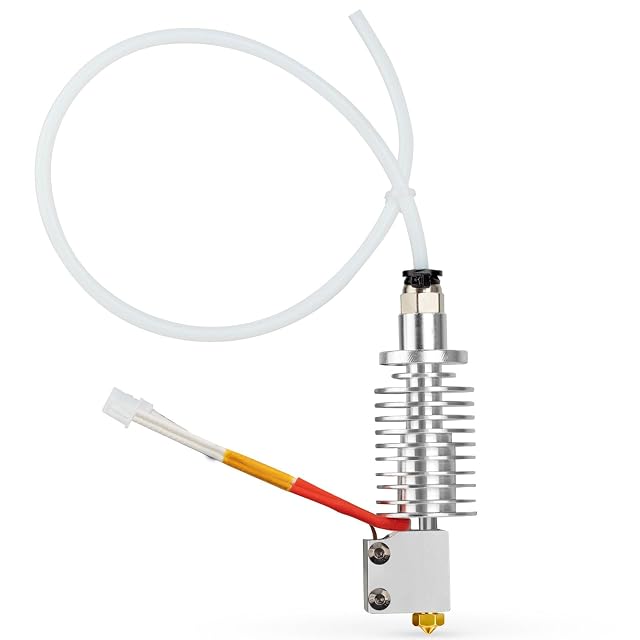 Anycubic-Vyper-Hotend mit geripptem Kühlkörper, Heizblock, Messingdüse, eingestecktem Kabel und weißem PTFE-Schlauch
