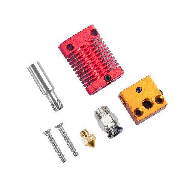 Redrex-Hotend-Teile: roter gerippter Kühlkörper, goldener Heizblock, Stahlhals, Messingdüse, Steckverbinder und zwei Schrauben