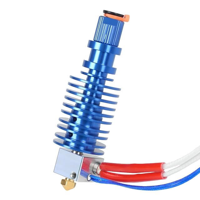 Blaues geripptes Hotend mit silbernem Heizblock, Messingdüse, rot ummantelten Heizdrähten und blau umflochtener Thermistorleitung