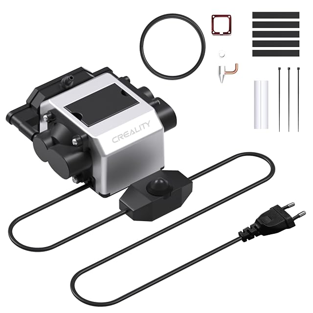 Creality-Luftpumpe an einem Netzkabel mit Inline-Drehregler und Eurostecker, mit Düse, Halterung, O-Ring, Schläuchen und Kabelbindern