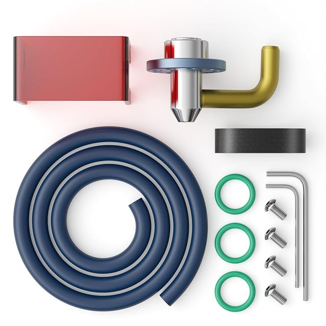 SCULPFUN-Düse mit Messingwinkel, rotem Acrylschild, blauem Luftschlauch, drei grünen O-Ringen, Schrauben, Innensechskantschlüsseln und einem schwarzen Band