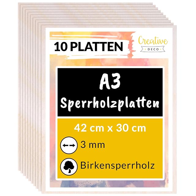 Stapel Sperrholzplatten unter einem Creative-Deco-Etikett mit der Aufschrift 10 Platten, A3, 42 × 30 cm, 3 mm, Birkensperrholz