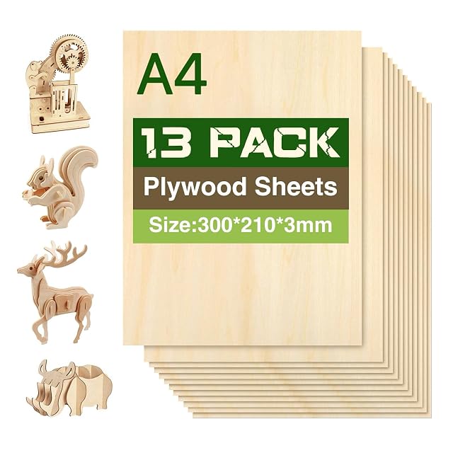Stapel Sperrholzplatten mit Etikett A4 13 PACK, 300 × 210 × 3 mm, mit Holztiermodellen