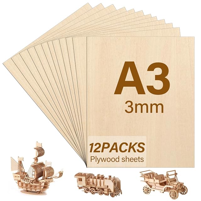 Aufgefächerte Sperrholzplatten mit Aufdruck A3 3mm 12PACKS, mit Holzschiff, -zug und -auto