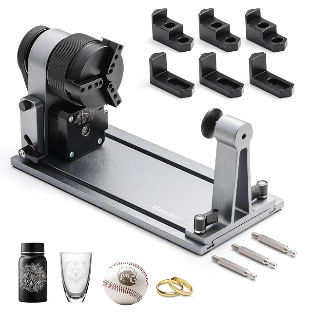 Genmitsu-Futter auf langer Basis mit Reitstock, sechs Ersatzbacken, drei Stiften sowie gravierter Flasche, Glas, Kugel und Ringen
