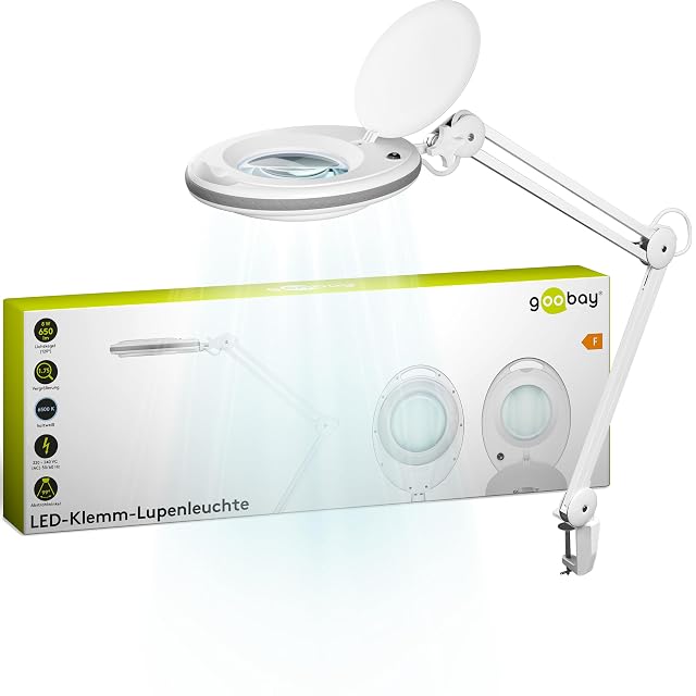 Weiße goobay-Lupenleuchte mit runder Linse und doppelt gelenkigem Arm