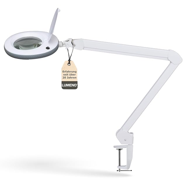 Weiße Lupenleuchte Lumeno 7215GR mit grauem Gummirand und Gelenkarm