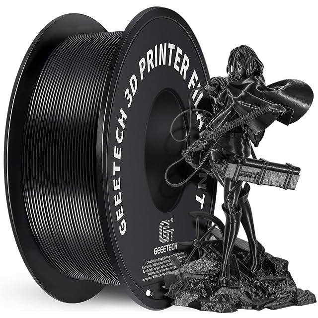 Spule schwarzes GEEETECH PLA-Filament neben einer schwarzen gedruckten Figur