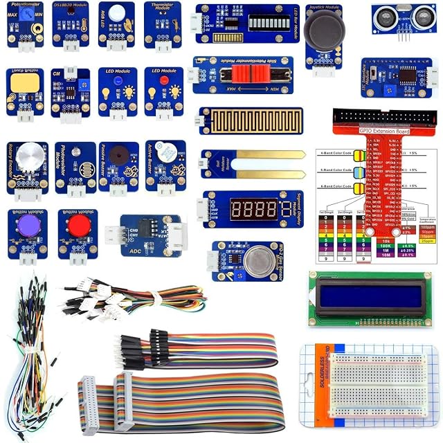 Ausgelegte Adeept-Module — Taster, Summer, LEDs, Joystick, Ultraschall-, Gas- und Bodenfeuchtesensoren — mit LCD, GPIO-Erweiterungsplatine, Flachbandkabel, Steckbrett und Steckbrücken
