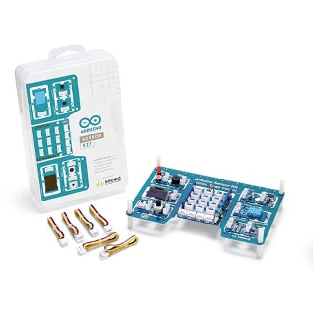 Karton des Arduino Sensor Kit mit Seeed-Logo, eine Basisplatine mit Modulen und Display, und sechs vierpolige Kabel