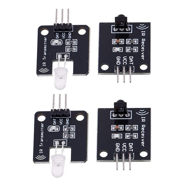 Zwei IR-Transmitter-Platinen mit klaren LEDs und zwei IR-Receiver-Platinen, jede mit DAT, VCC und GND beschriftet