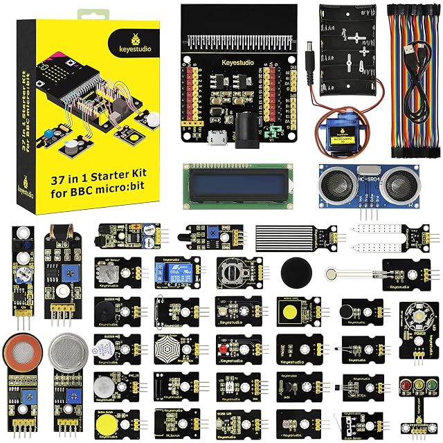 Karton des KEYESTUDIO 37 in 1-Kits, micro:bit-Shield, Batteriehalter, Mikroservo, Steckbrücken, USB-Kabel, LCD, Ultraschallsensor und Reihen von Modulen
