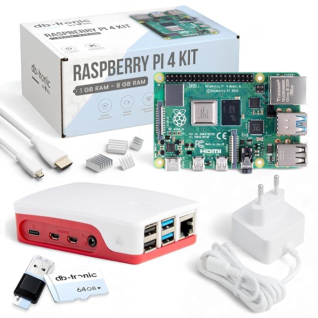 db-tronic Raspberry Pi 4 Starterset mit rot-weißem Gehäuse, Netzteil und Kabeln