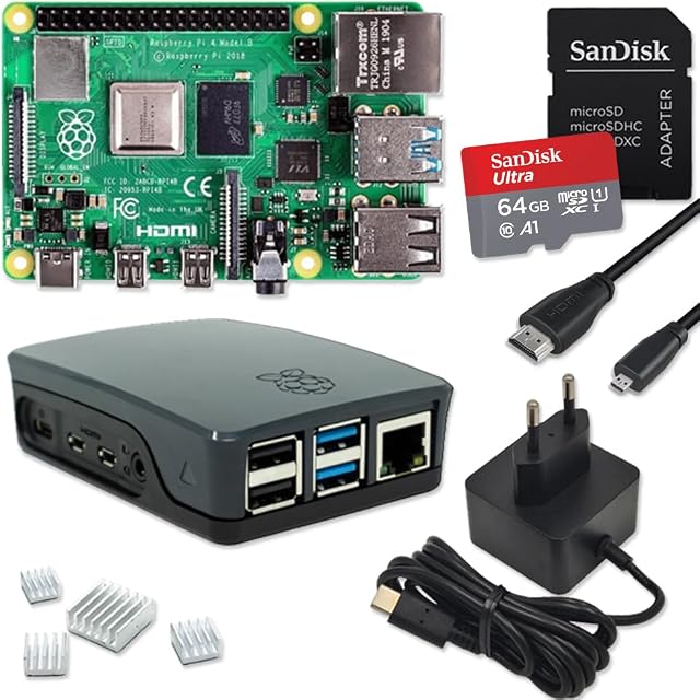 Raspberry-Pi-4-Starterset mit schwarzem Gehäuse, Netzteil, Speicherkarte und Kabeln