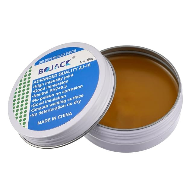 Offene BOJACK-Dose mit bernsteinfarbener Paste, Etikett Soldering Flux Paste, Advanced Quality ZJ-18, Nw 50 g