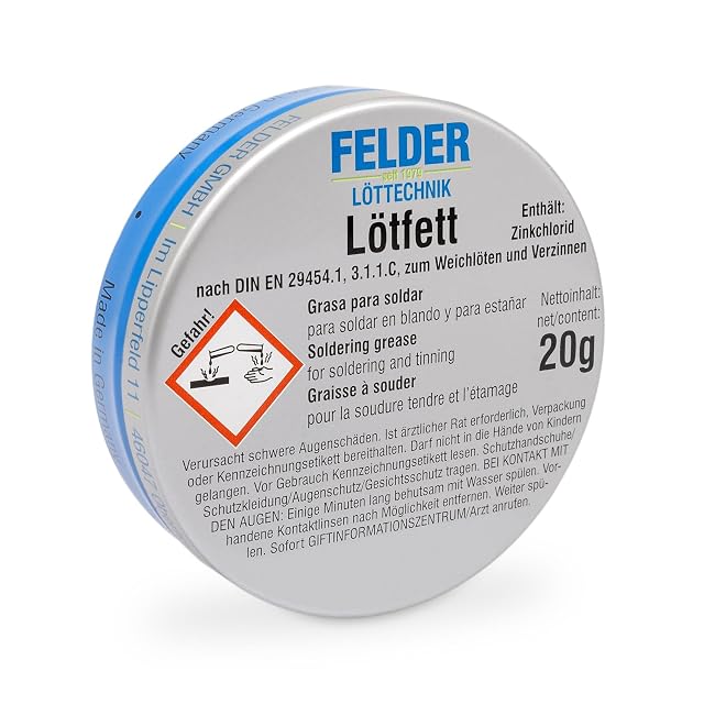 FELDER-Lötfett-Dose mit 20 g, Gefahrenpiktogramm für ätzende Stoffe, dem Wort Gefahr und einer Zeile zum Zinkchloridgehalt