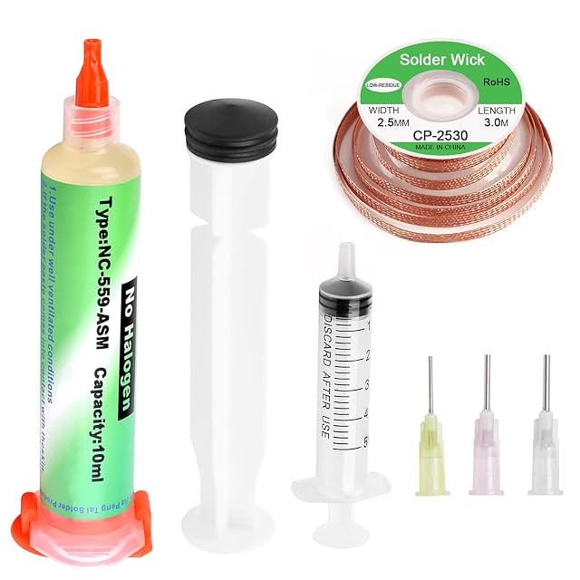 Flussmittelspritze NC-559-ASM mit 10 ml und Aufschrift halogenfrei, ein Kolben, eine 5-ml-Spritze, drei Nadeln und eine Entlötlitzenrolle mit Aufschrift 2,5 mm × 3,0 m