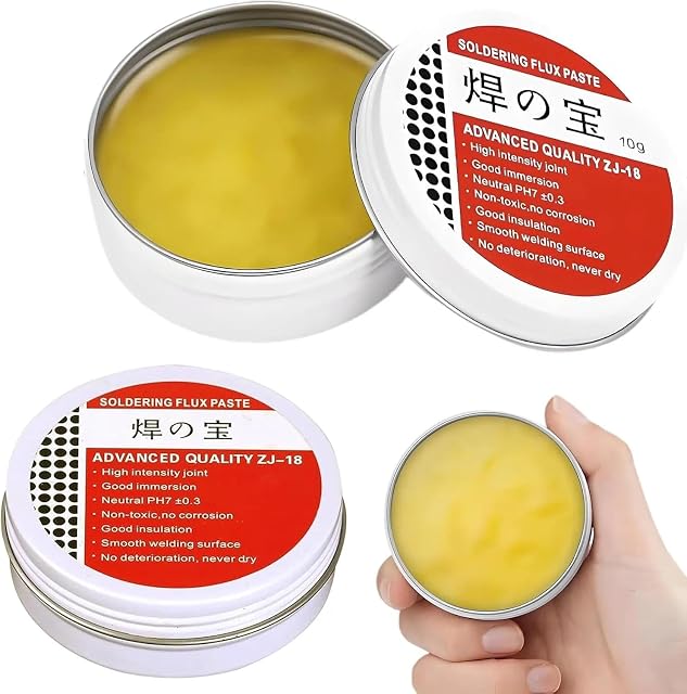 Zwei 10-g-Dosen mit gelber Paste, Etikett Soldering Flux Paste, Advanced Quality ZJ-18, neutraler pH 7 ± 0,3