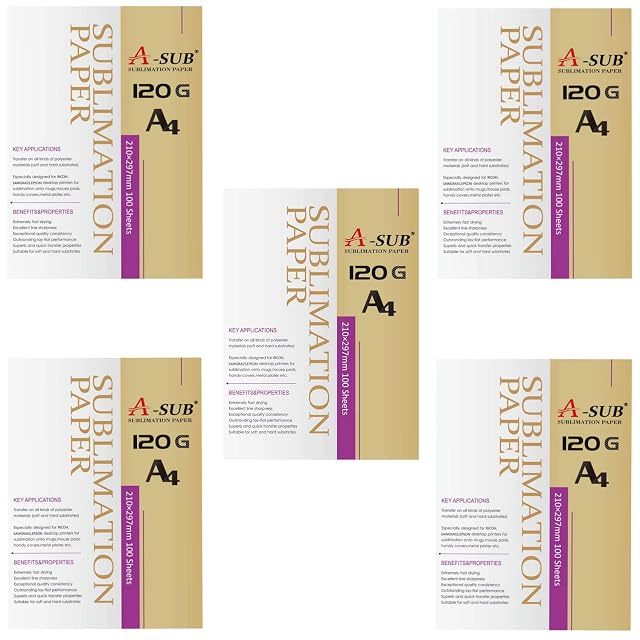 Fünf A-SUB-Packungen mit Aufschrift 120 G, A4, 210 × 297 mm, 100 Blatt