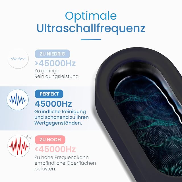 Nahaufnahme des Tanks des schwarzen mfa-Ultraschallreinigers neben einer Frequenzgrafik