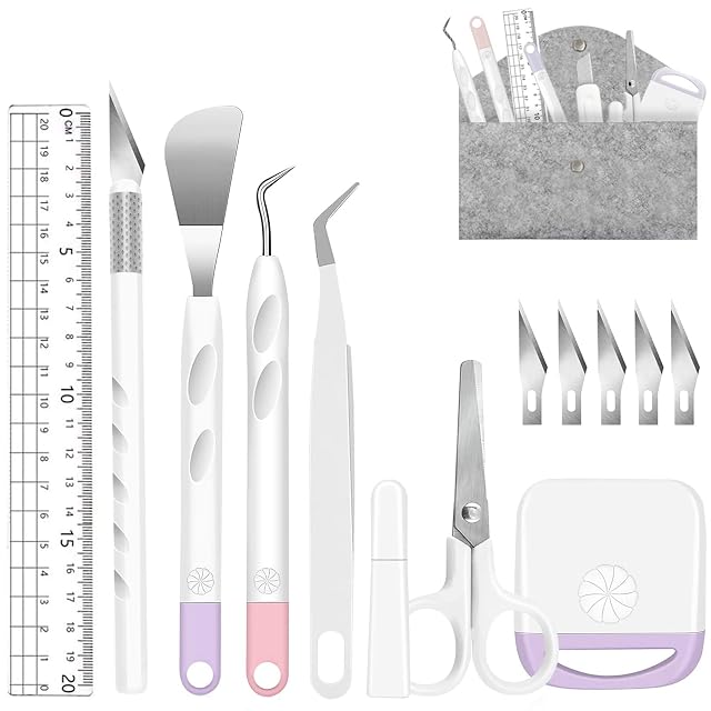 Lineal, Bastelmesser, Spatel, Haken, Pinzette, Schere mit Kappe, Schaber, fünf Klingen und eine Filztasche